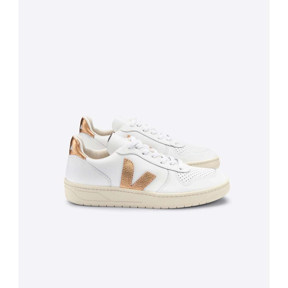 Veja V-10 LEATHER Women\'s Sneakers White/Gold | NZ 641CTV